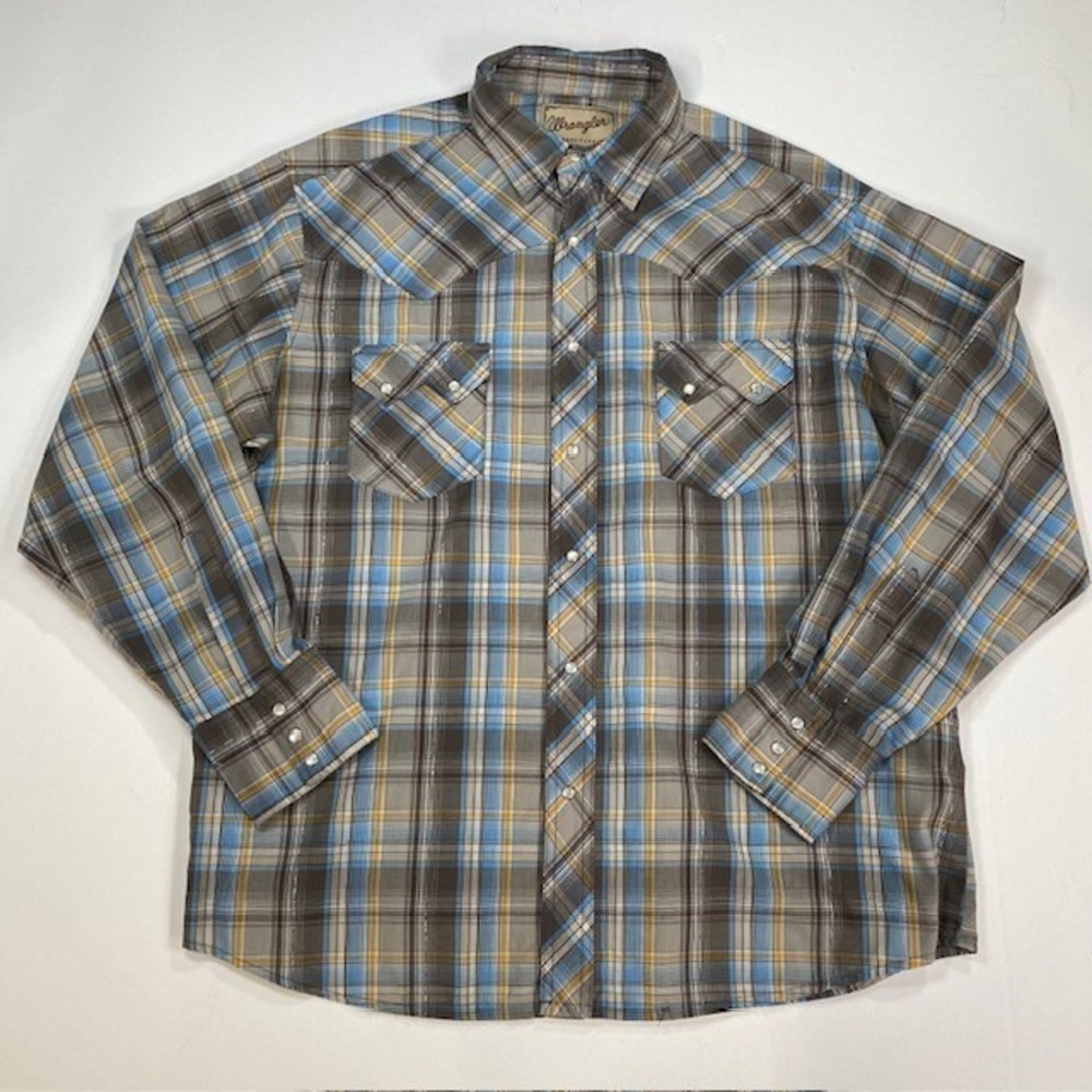 Wrangler Vintage‎ Western Fashion Snap Shirt Plaid Blue Brown Yellow Mens XL